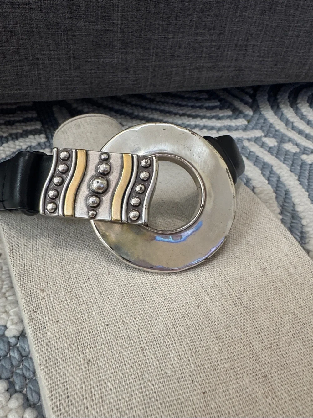 Vintage Chicos Leather Adjustable Belt Mixed Metal Statement Buckle Boho Art